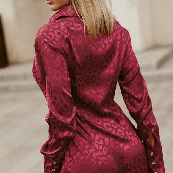 HOST PICK Red Burgundy Leopard Animal Pattern Tie Knot Satin Mini Dress Tunic L - Picture 2 of 11